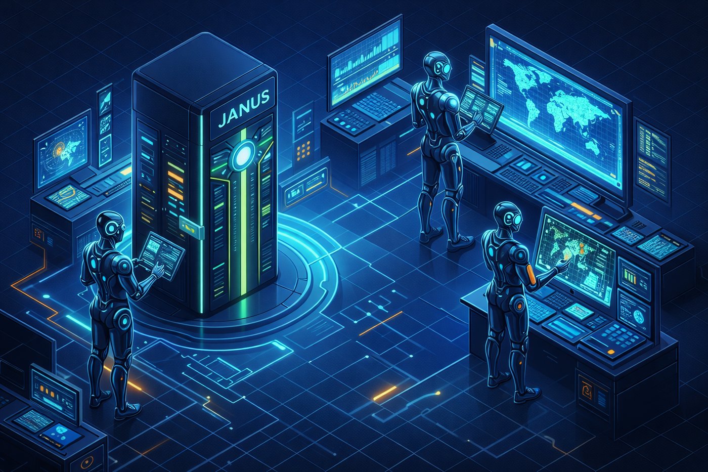 Janus platform med AI-agenter i isometrisk illustration